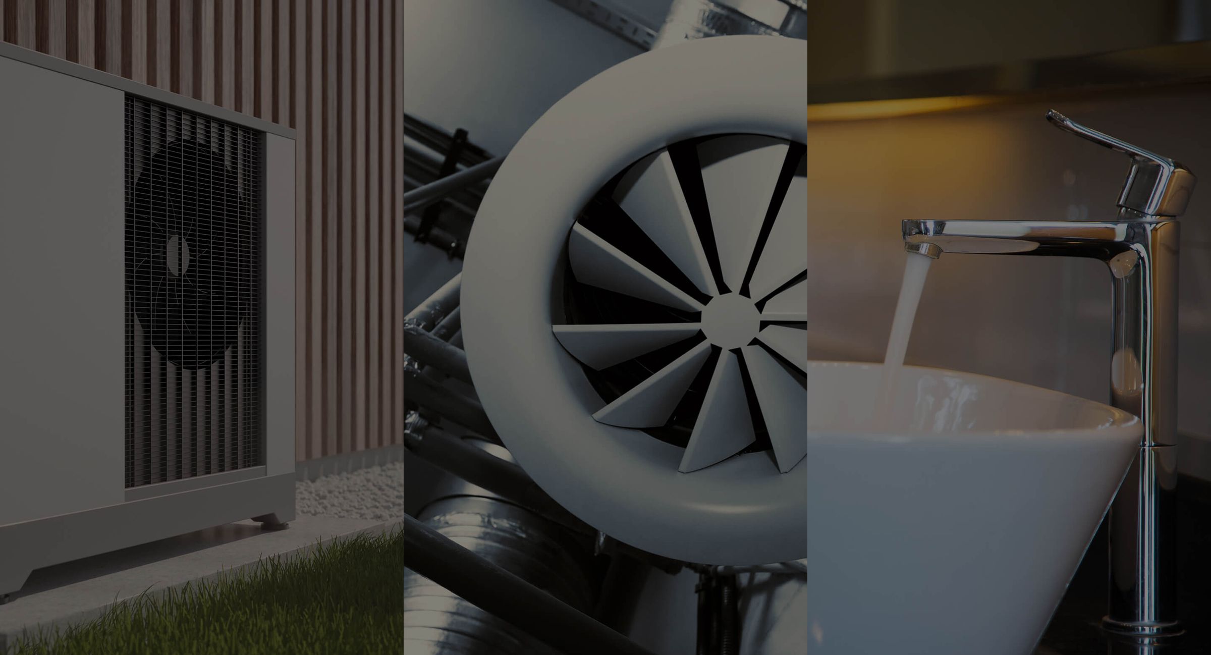 Drei nebeneinander angeordnete Fotos: links ein Lüftungsgitter an einer Wand mit Holzverkleidung, mittig ein Turbinenrad mit Flügeln, rechts ein Wasserhahn über einem weißen Waschbecken mit fließendem Wasser.