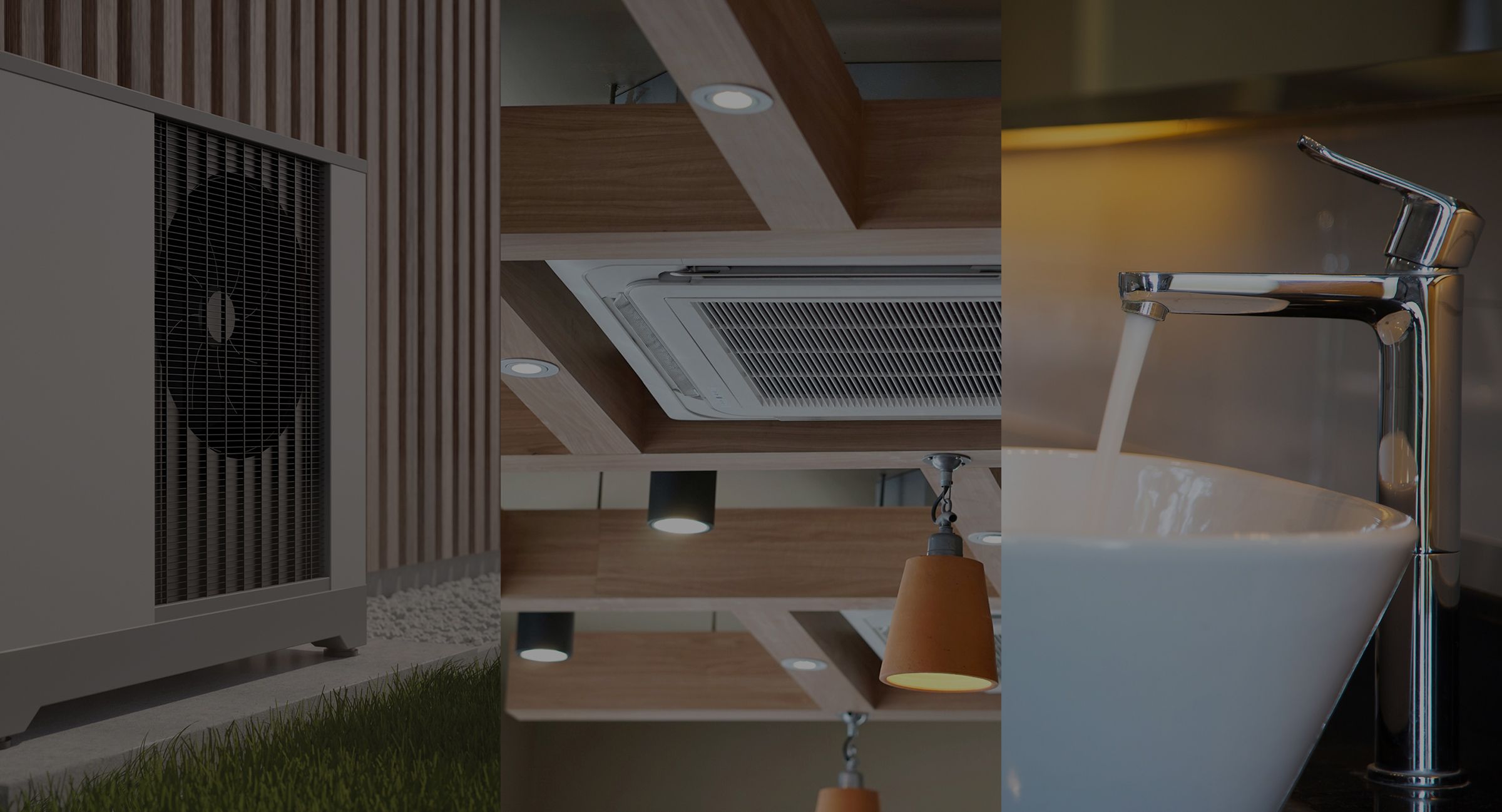 Drei nebeneinander angeordnete Bilder: links Außengerät einer Klimaanlage auf Gras, Mitte Deckenlüftung mit Holzbalken und Lampen, rechts Wasserhahn über weißem Waschbecken